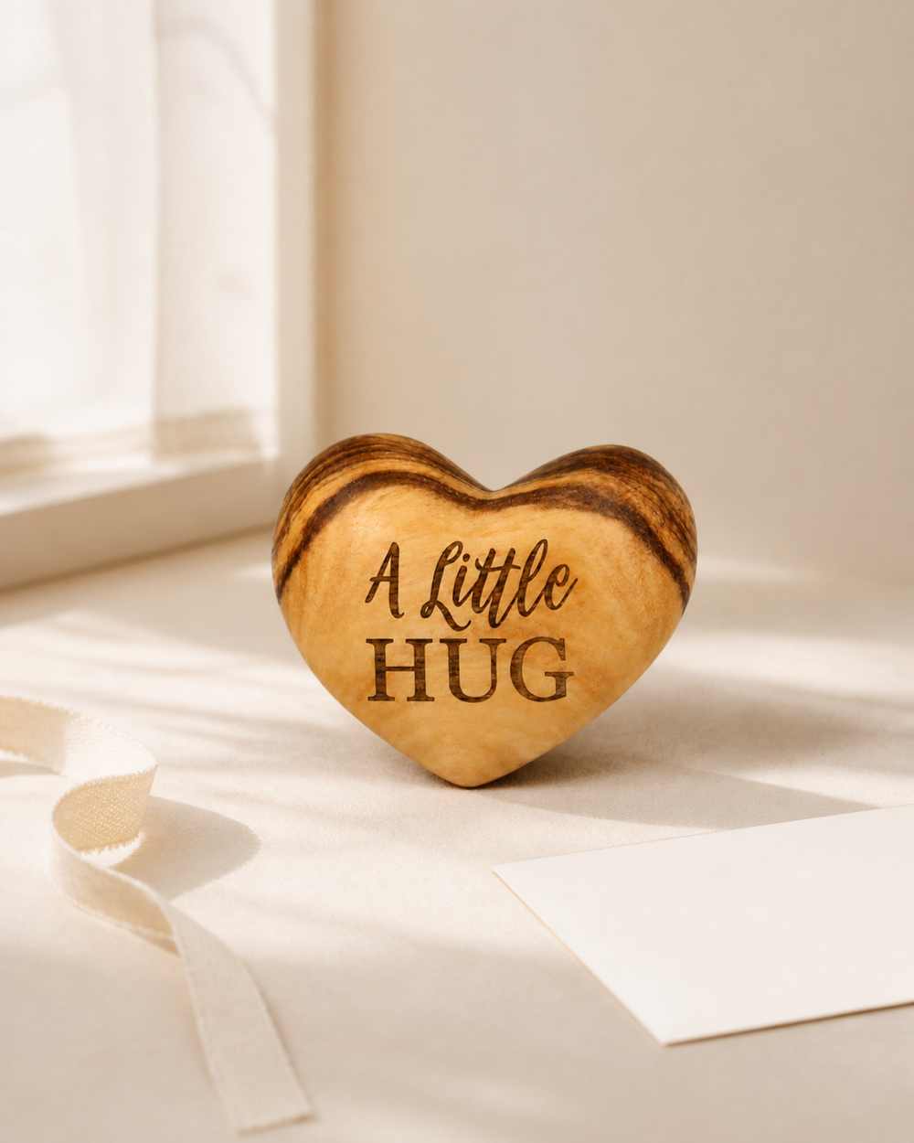 Holzherz A Little Hug in einer ruhigen Geschenkszene