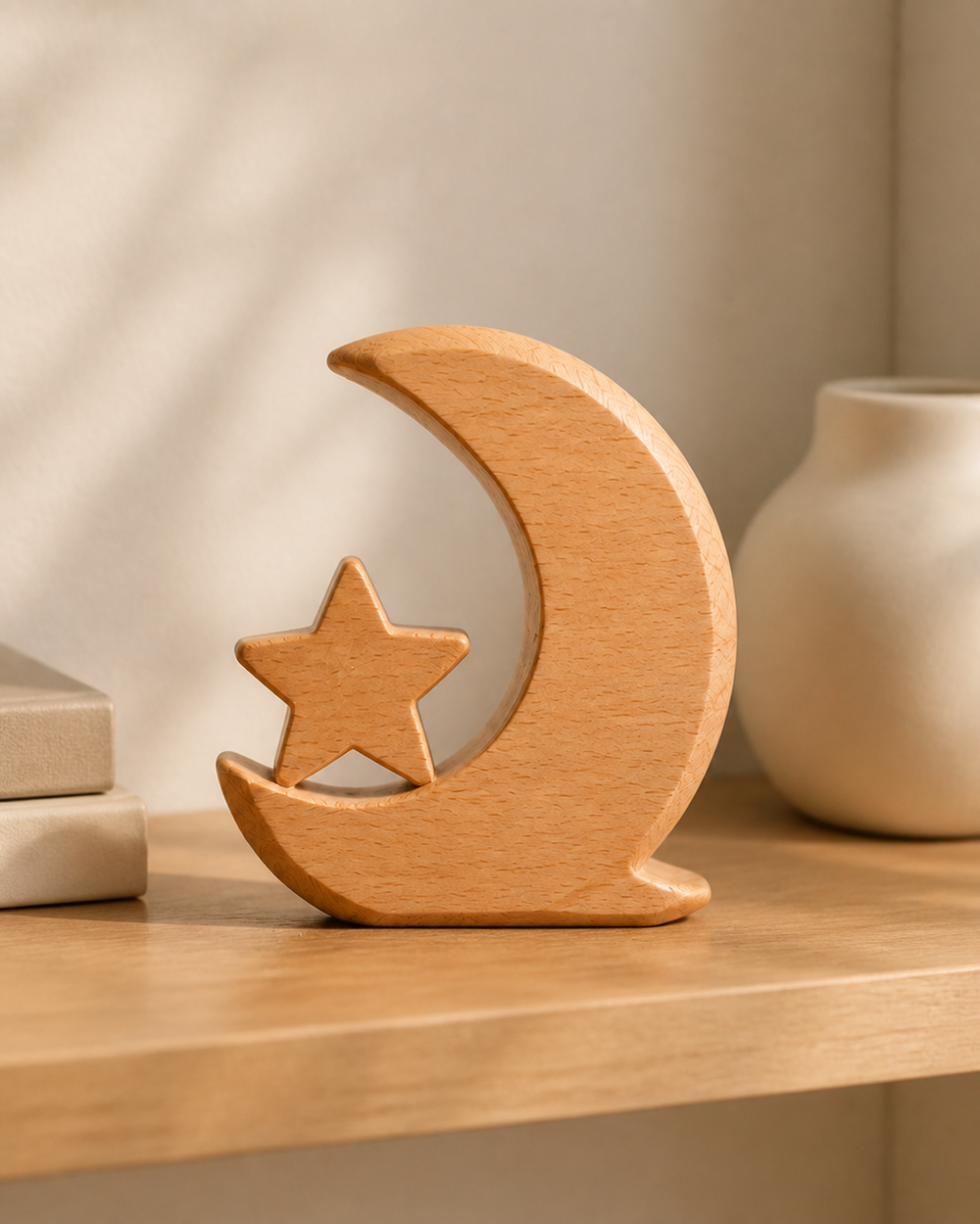 Mond-und-Stern-Holzdeko in hellem Holzton auf einem Regal