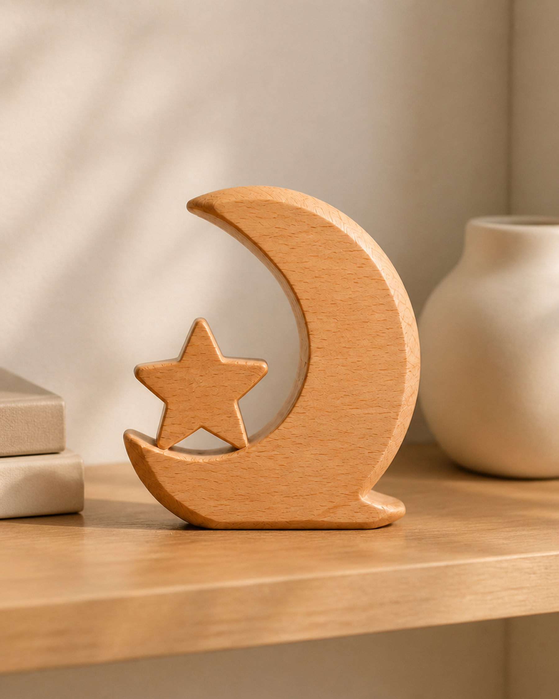 Mond-und-Stern-Holzdeko in hellem Holzton auf einem Regal