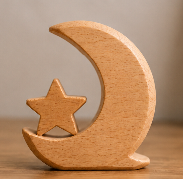 Mond-und-Stern-Holzdeko in hellem Holzton